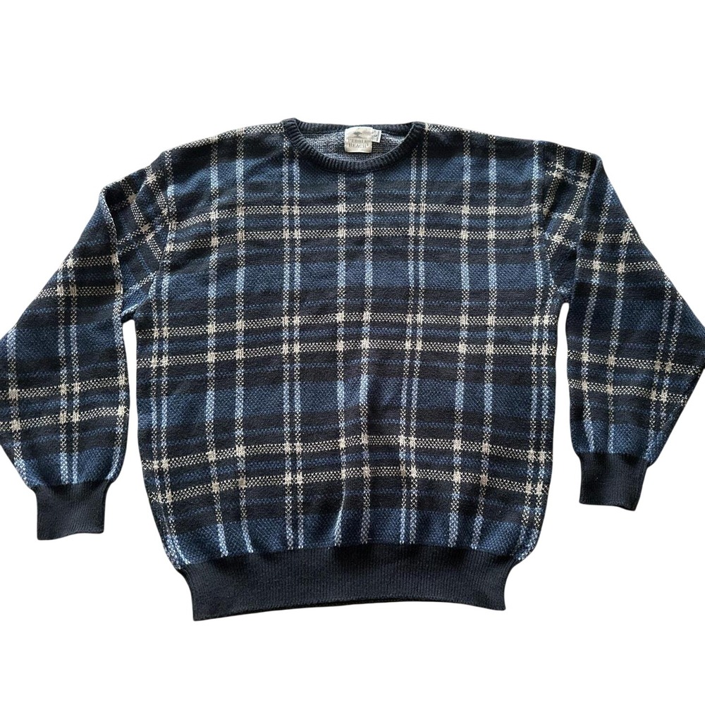 Vintage Pebble Beach Plaid Knit Sweater Made in USA 100% Cotton Crewneck Men's L